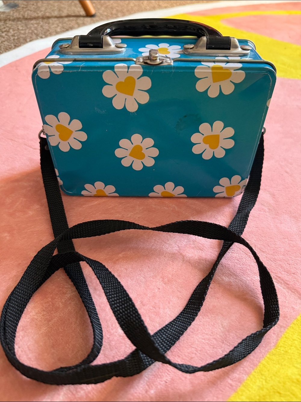 Blue Daisy Crossbody Bag with Yellow Hearts